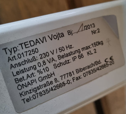 Önapi Tedavi Vojta MD Therapieliege Massageliege, extra breit, elektrisch höhenverstellbar, Medizinprodukt Behandlungsliege, Rahmenfarbe Weiß, Polsterfarbe Blau, gebraucht