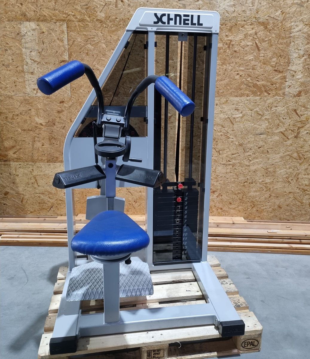 Schnell Seitneige-Maschine, Lateral Flexion, Lat Flex, Rahmenfarbe Silber, Polsterfarbe Blau, gebraucht - überholter Zustand