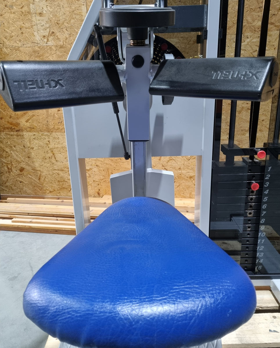 Schnell Seitneige-Maschine, Lateral Flexion, Lat Flex, Rahmenfarbe Silber, Polsterfarbe Blau, gebraucht - überholter Zustand