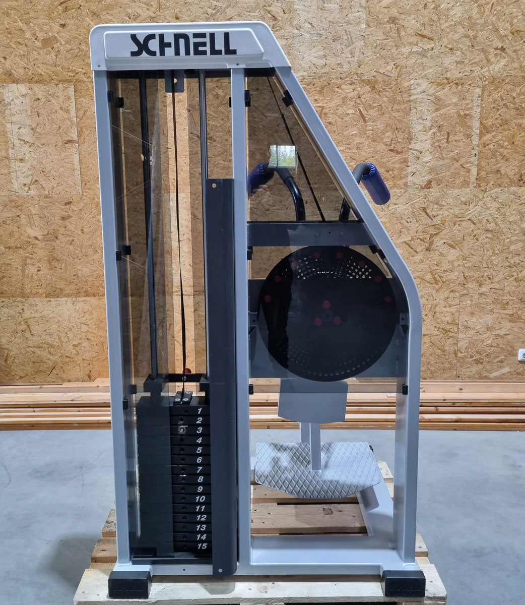 Schnell Seitneige-Maschine, Lateral Flexion, Lat Flex, Rahmenfarbe Silber, Polsterfarbe Blau, gebraucht - überholter Zustand
