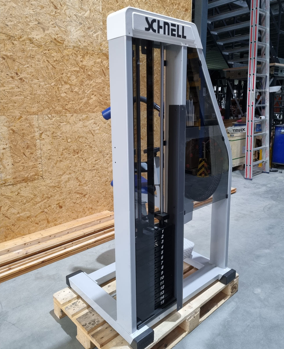 Schnell Seitneige-Maschine, Lateral Flexion, Lat Flex, Rahmenfarbe Silber, Polsterfarbe Blau, gebraucht - überholter Zustand