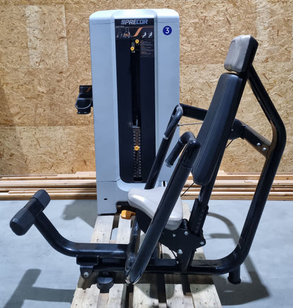Precor Bankdrückmaschine mit Einstiegshilfe, Brustpresse, Chestpress, Rahmenfarbe Schwarz, Polsterfarbe Grau, gebraucht - überholter Zustand