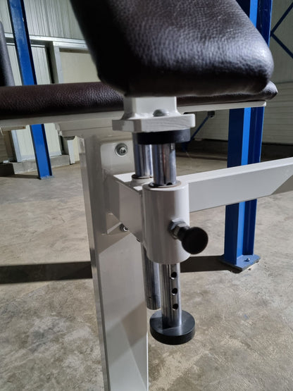 Gym80 standing buttock machine, gluteus machine, glutes kick radial, Edition Line, frame white, upholstery dark brown, used - refurbished condition