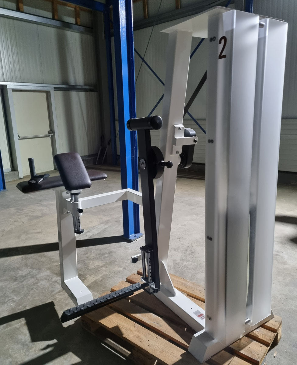 Gym80 standing buttock machine, gluteus machine, glutes kick radial, Edition Line, frame white, upholstery dark brown, used - refurbished condition