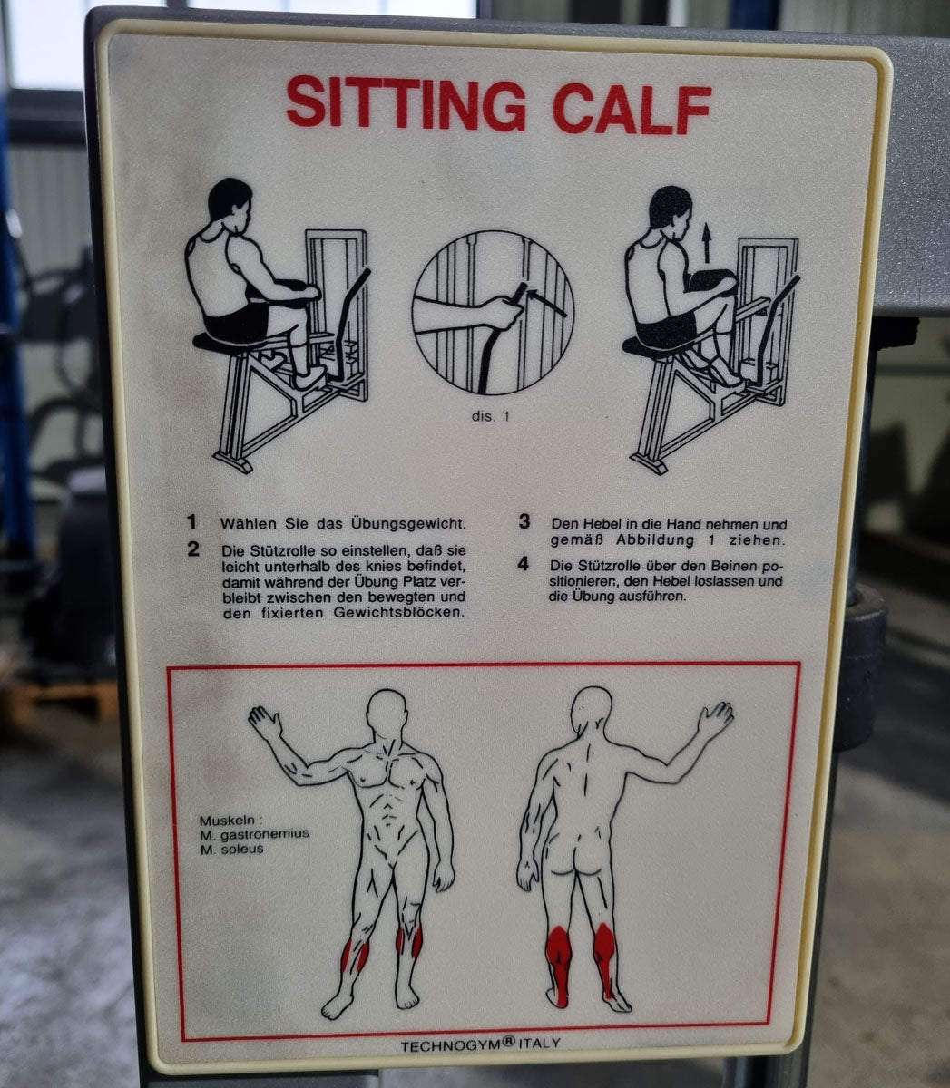 Technogym Seated Calf Sitting Wadenmaschine sitzend, Sitting Calf, Silverline, Oldschool, Rahmenfarbe Silber, gebraucht mit Gebrauchsspuren