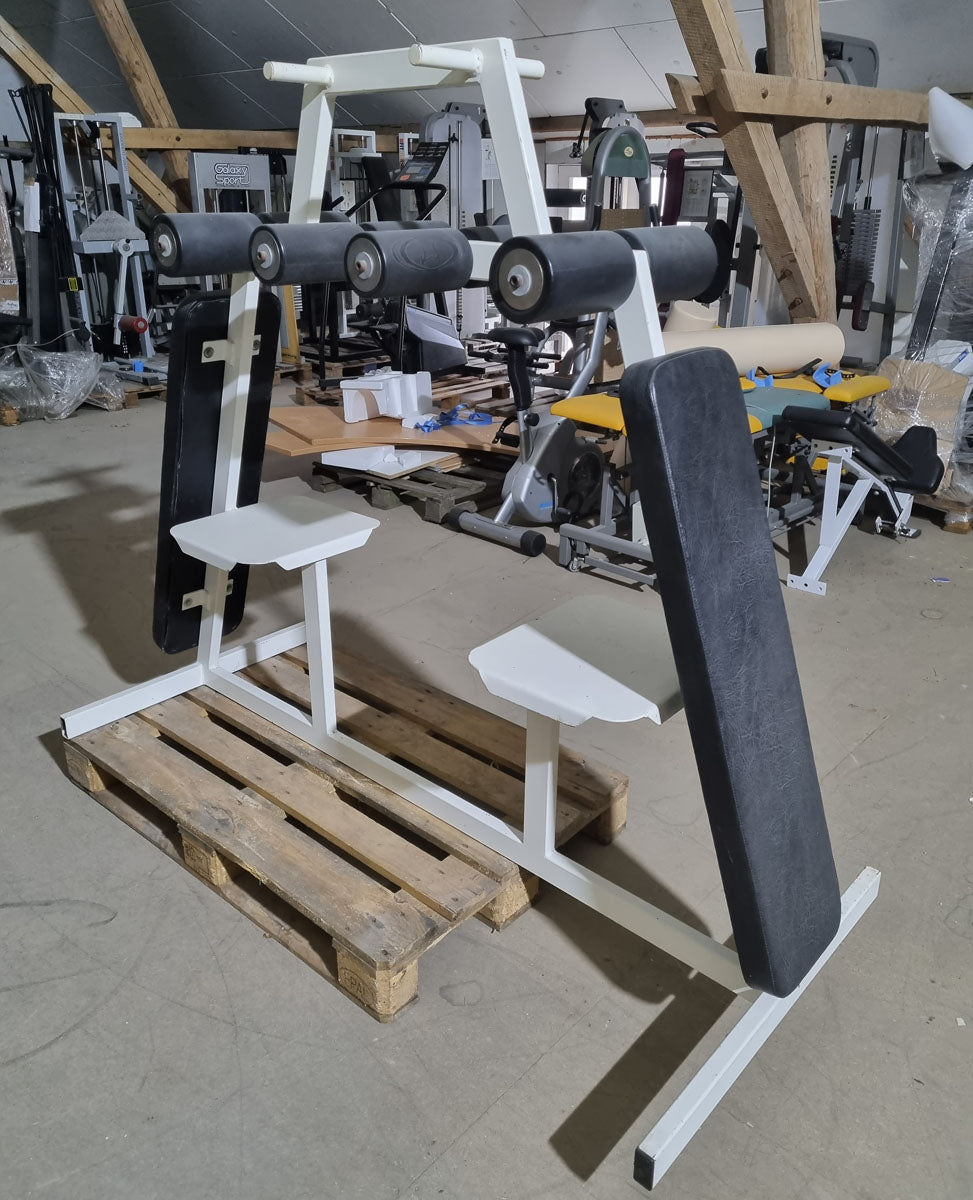 Bauchbank doppelt, schräg, Oldschool Bodybuilding, Rahmenfarbe Weiß, Polsterfarbe Schwarz, gebraucht