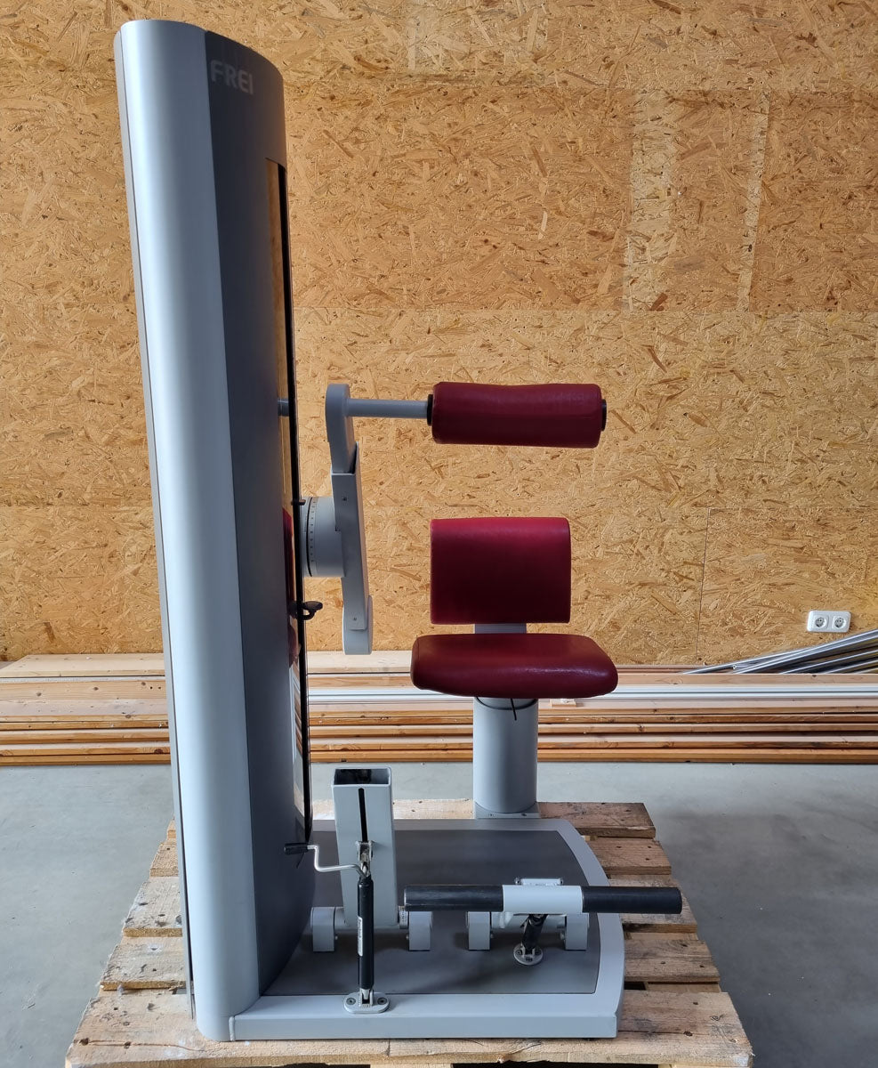 Frei Genius Eco Rückenstreckermaschine, Hyperextension, Rückenmaschine Lower Back, Rahmenfarbe Silber, Polsterfarbe Rot, gebraucht - überholter Zustand