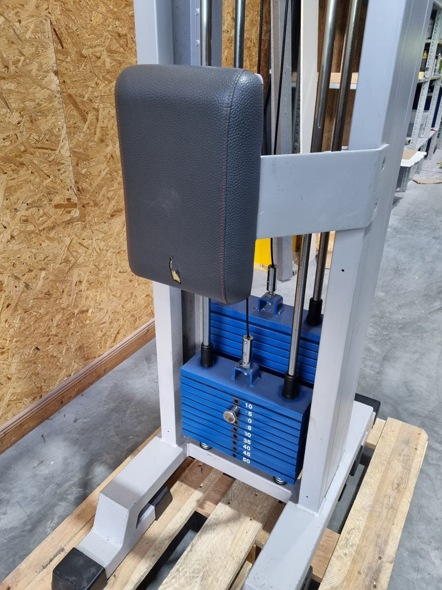 Panatta double cable pulley tower, triceps tower from above, 1x with hip pad, 50kg and 80kg weight block, triceps pulley tower - used - tested condition