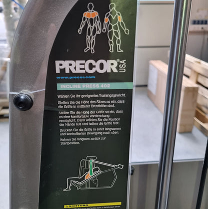 Precor Schrägbankdrückenmaschine, Incline Chestpress 402 Icarian Line, Brustpresse schräg, Rahmenfarbe Silber, gebraucht - überholter Zustand