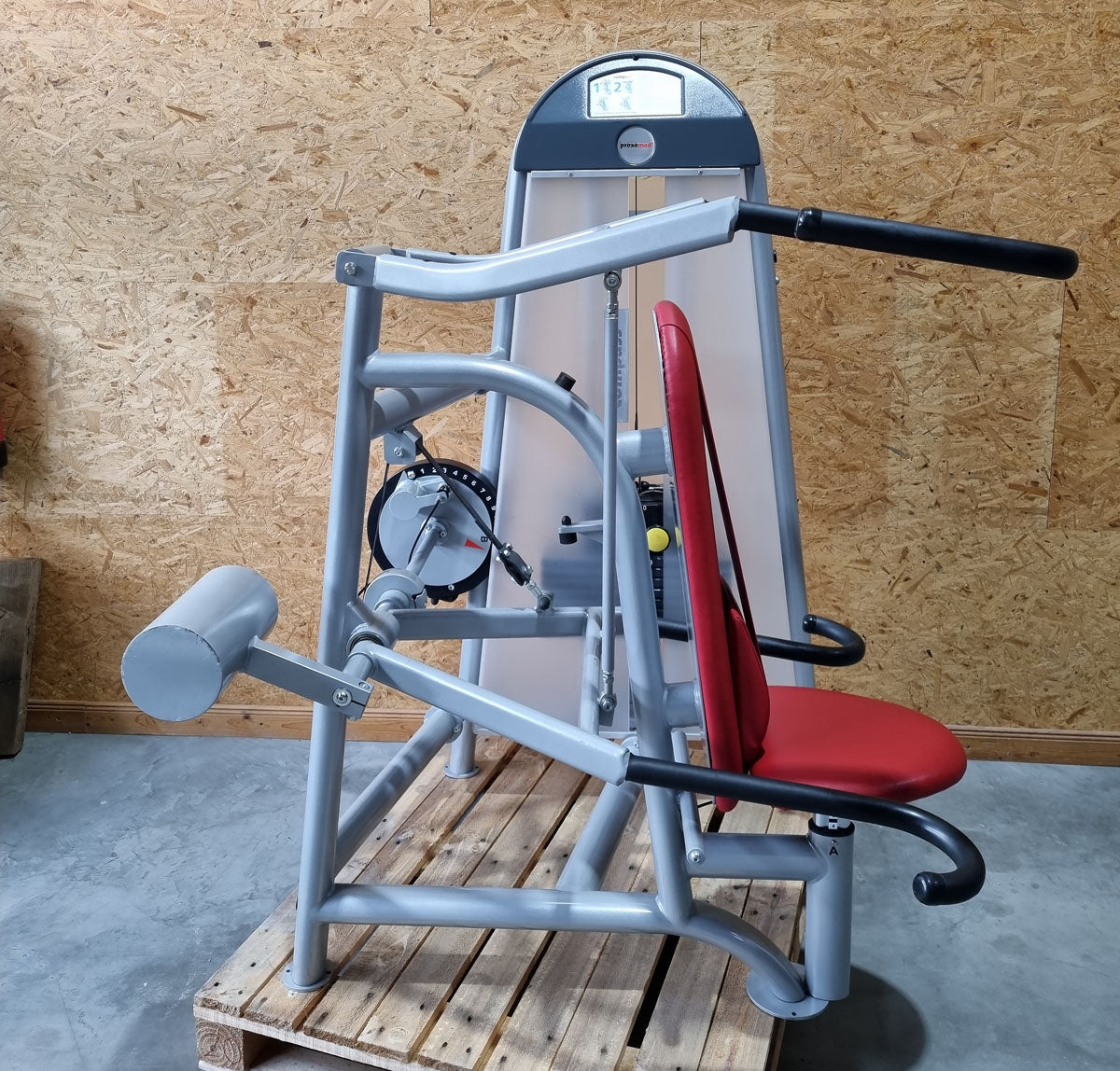 Proxomed shoulder blade fixator support press combo, Compass 530, lat pulldown and dip 2-in-1 combo machine, MPG, rehab, frame color silver, upholstery color red, used - refurbished condition