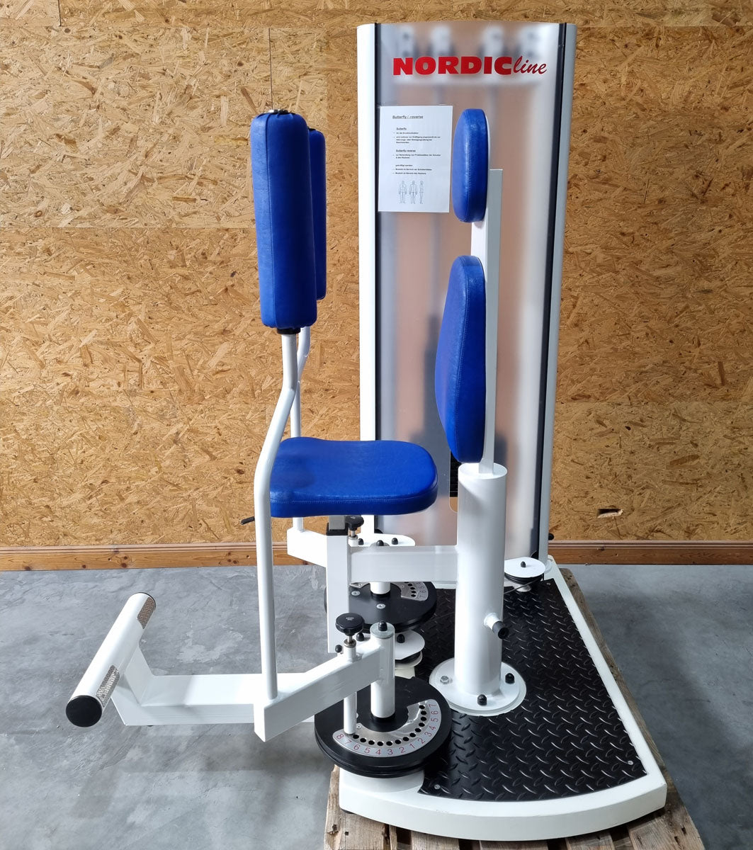 Pego Sport NordicLine Butterfly und Butterfly Reverse - 2 in 1 Kombimaschine, Butterfly - Press Back Kombi, Fly and Rear Delt, Rahmenfarbe Weiß, Polsterfarbe Blau, gebraucht - überholter Zustand