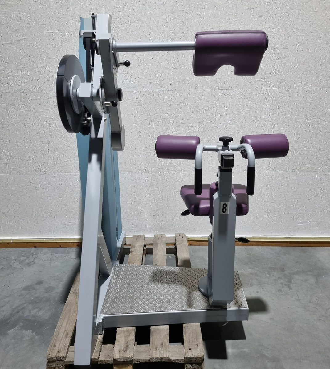 SVG HWS-Trainer, Hals und Nacken Trainingsmaschine, Halswirbelbsäule Kräftigung, Reha Line, Rahmenfarbe Silber, Polsterfarbe Lila, gebrauchter - überholter Zustand