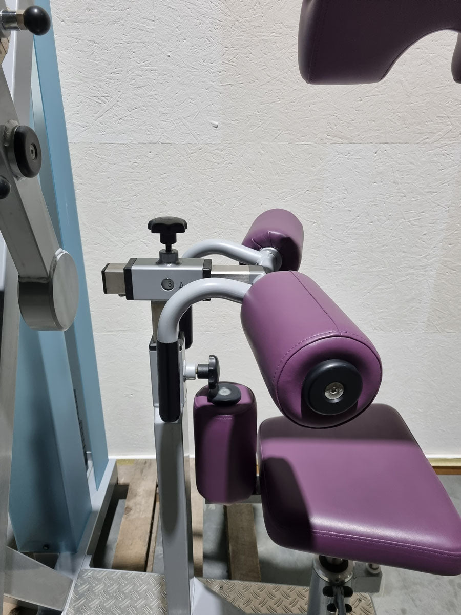SVG HWS-Trainer, Hals und Nacken Trainingsmaschine, Halswirbelbsäule Kräftigung, Reha Line, Rahmenfarbe Silber, Polsterfarbe Lila, gebrauchter - überholter Zustand