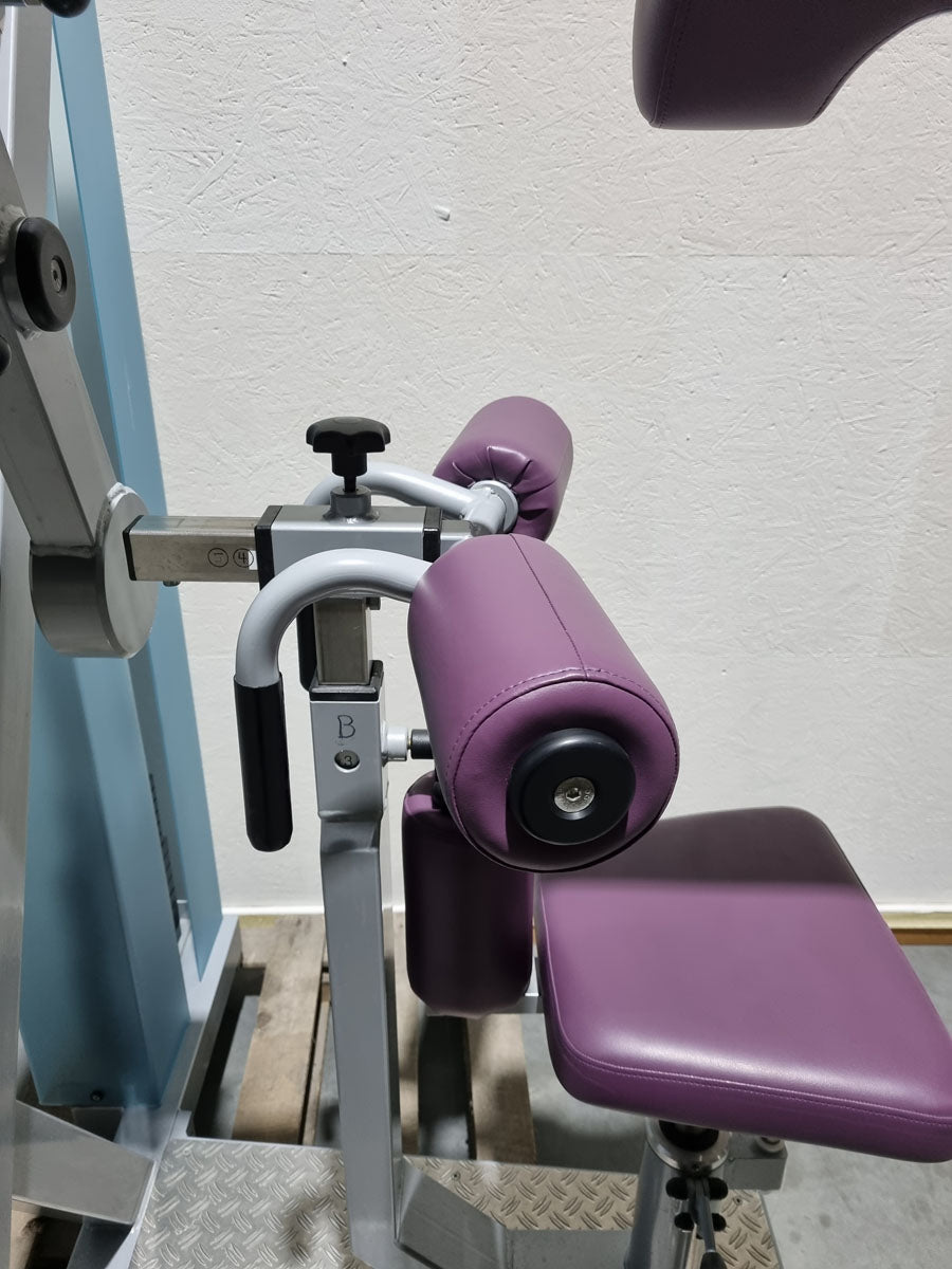 SVG HWS-Trainer, Hals und Nacken Trainingsmaschine, Halswirbelbsäule Kräftigung, Reha Line, Rahmenfarbe Silber, Polsterfarbe Lila, gebrauchter - überholter Zustand