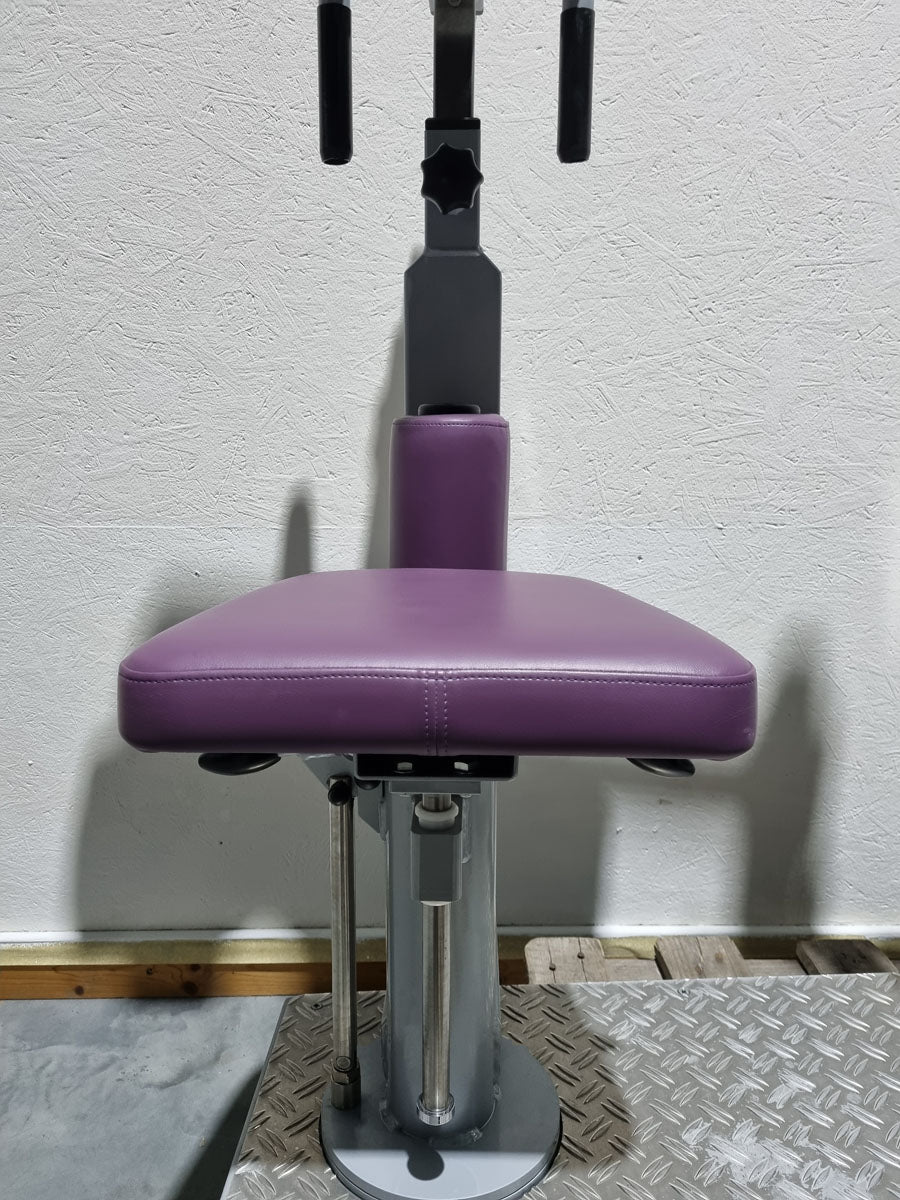 SVG HWS-Trainer, Hals und Nacken Trainingsmaschine, Halswirbelbsäule Kräftigung, Reha Line, Rahmenfarbe Silber, Polsterfarbe Lila, gebrauchter - überholter Zustand