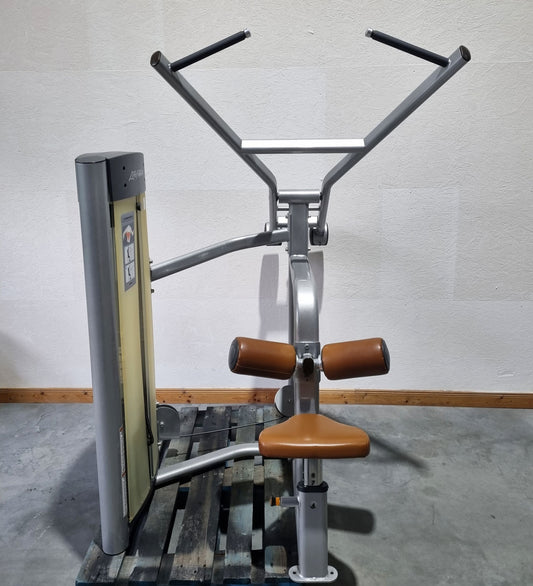 Life Fitness Optima Series Lat Pulldown, Lat Pulldown OSPD, frame color silver, upholstery color brown, used - refurbished condition