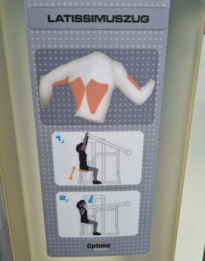 Life Fitness Optima Series Latissimuszug, Latzug, Lat Pulldown OSPD, Rahmenfarbe Silber, Polsterfarbe Braun, gebrauchter - überholter Zustand