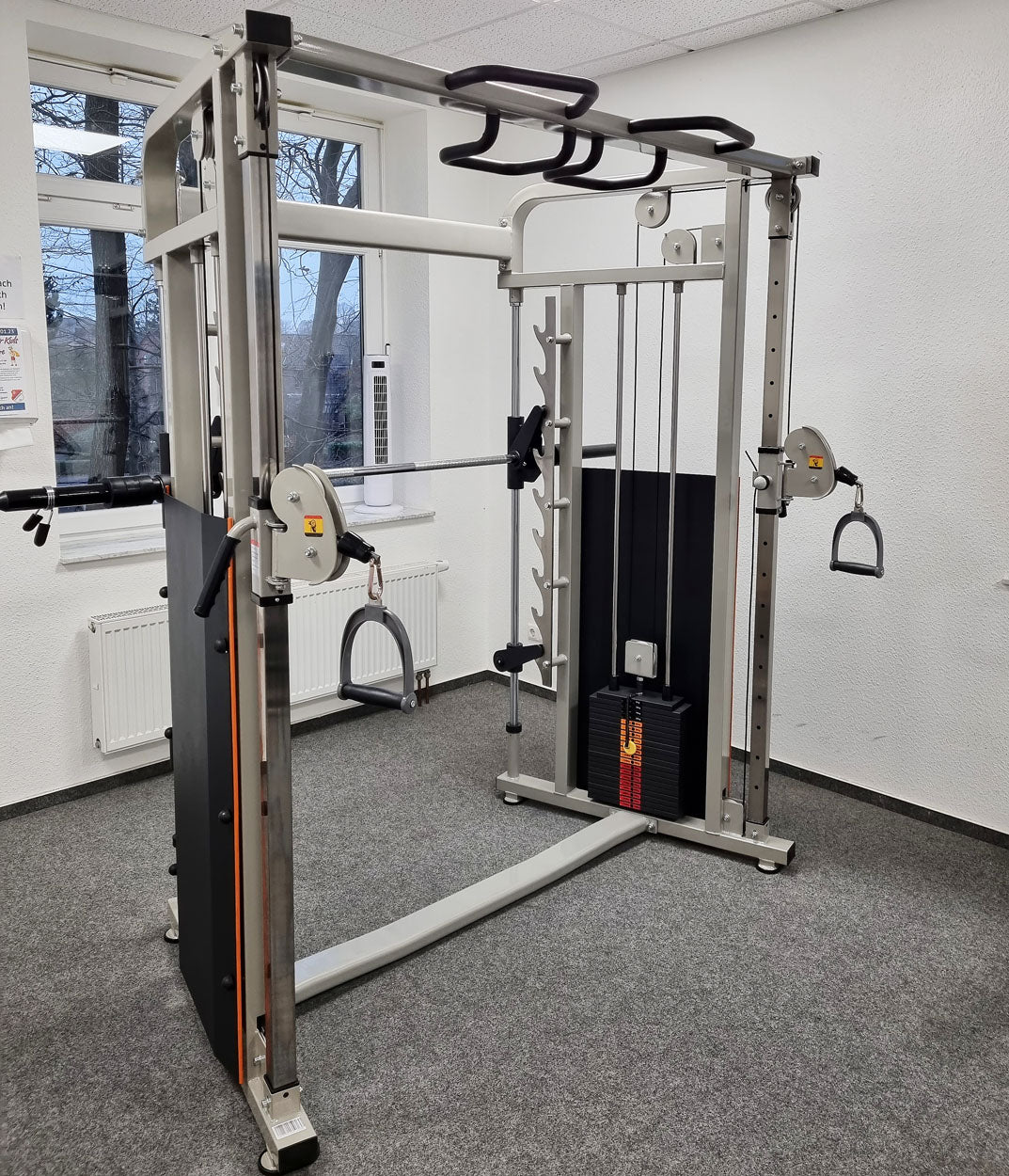 DankSport Enger Doppel Kabelzug höhenverstellbar und Multipresse geführt - 2 in 1 Kombigerät - Dual adjustable Cable Pulley and Smith Machine - 2x 100kg Gewichtsblöcke - Silber - NEU