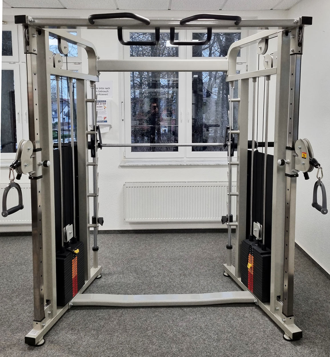 DankSport Enger Doppel Kabelzug höhenverstellbar und Multipresse geführt - 2 in 1 Kombigerät - Dual adjustable Cable Pulley and Smith Machine - 2x 100kg Gewichtsblöcke - Silber - NEU