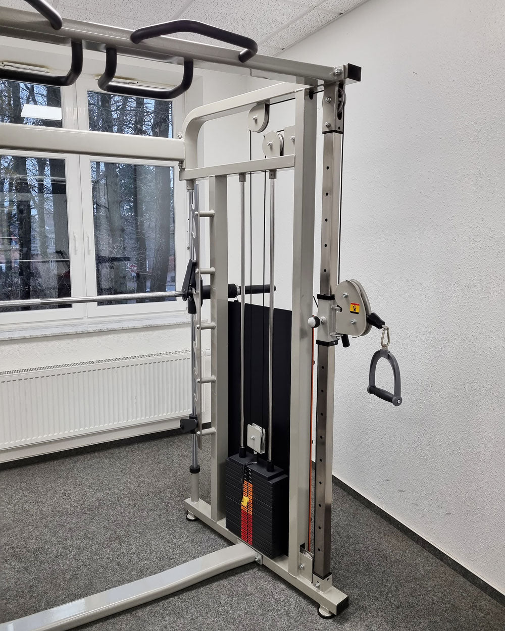 DankSport Enger Doppel Kabelzug höhenverstellbar und Multipresse geführt - 2 in 1 Kombigerät - Dual adjustable Cable Pulley and Smith Machine - 2x 100kg Gewichtsblöcke - Silber - NEU