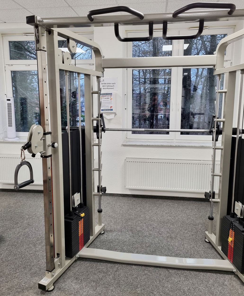 DankSport Enger Doppel Kabelzug höhenverstellbar und Multipresse geführt - 2 in 1 Kombigerät - Dual adjustable Cable Pulley and Smith Machine - 2x 100kg Gewichtsblöcke - Silber - NEU