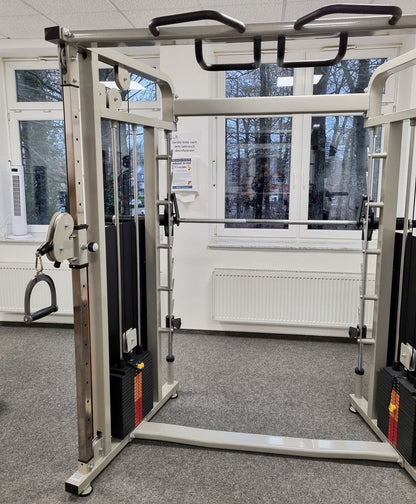 DankSport Enger Doppel Kabelzug höhenverstellbar und Multipresse geführt - 2 in 1 Kombigerät - Dual adjustable Cable Pulley and Smith Machine - 2x 100kg Gewichtsblöcke - Silber - NEU