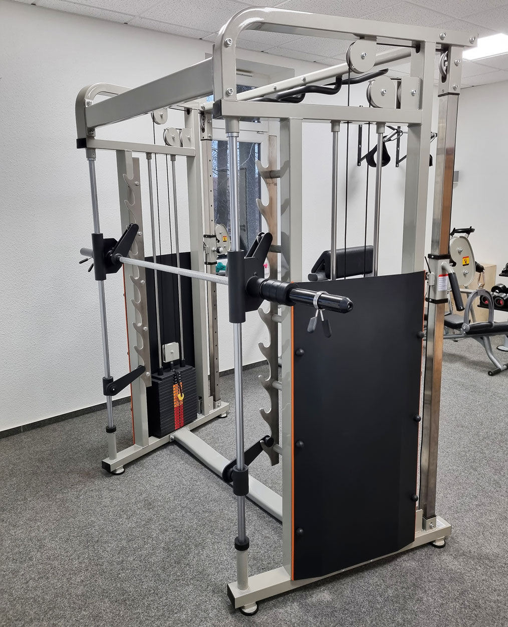 DankSport Enger Doppel Kabelzug höhenverstellbar und Multipresse geführt - 2 in 1 Kombigerät - Dual adjustable Cable Pulley and Smith Machine - 2x 100kg Gewichtsblöcke - Silber - NEU