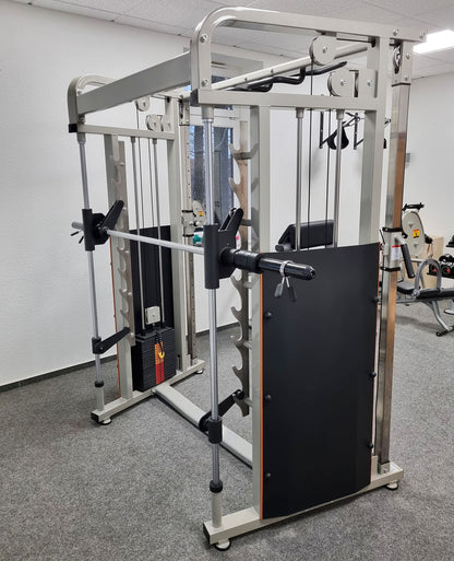 DankSport Enger Doppel Kabelzug höhenverstellbar und Multipresse geführt - 2 in 1 Kombigerät - Dual adjustable Cable Pulley and Smith Machine - 2x 100kg Gewichtsblöcke - Silber - NEU