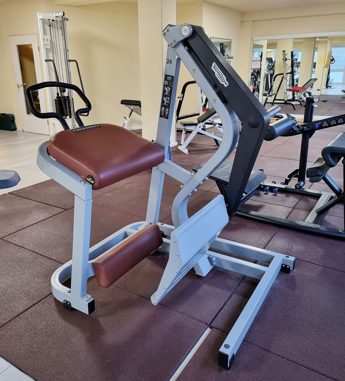 Technogym Pure Rear Kick, gluteus machine, butt machine standing, glute, plate loaded, Pure Strength Series disc holder, frame color silver, used - refurbished condition