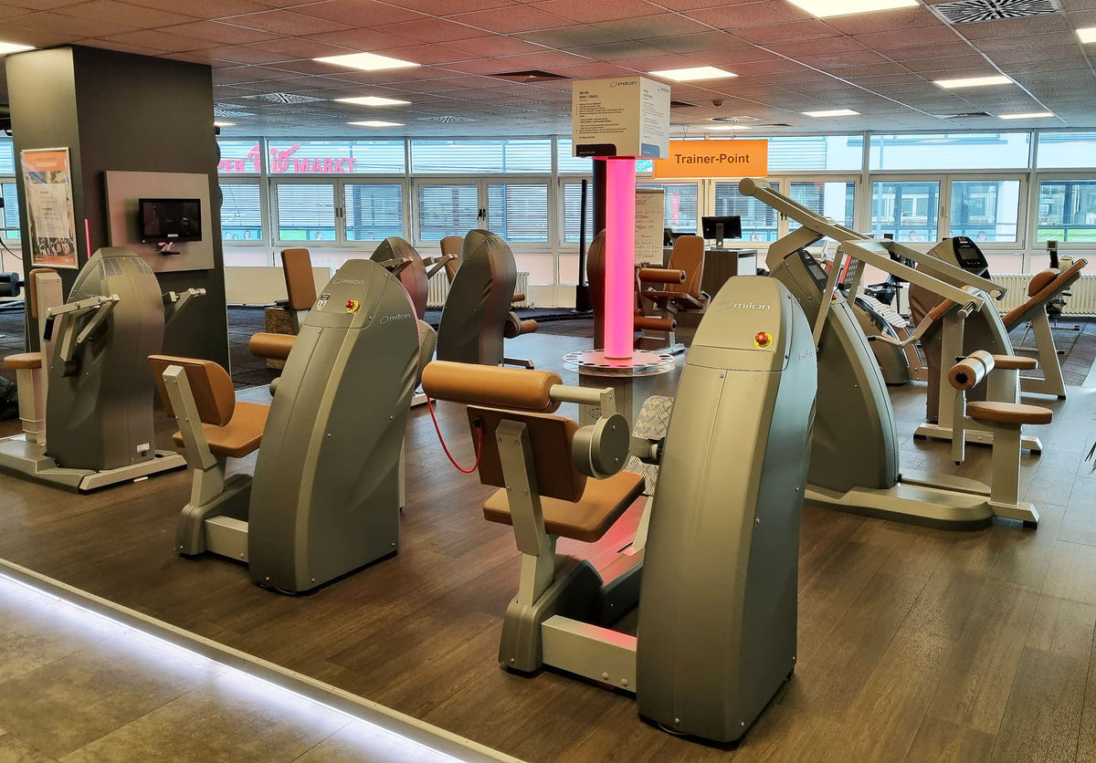 Milon 9er PREMIUM Kraft Zirkel, Baujahr 2017, Gehäuse in Anthrazit Stone, Polster Braun, inkl. LED Ampel, gebraucht, überholt und Neuwertig - Top Zustand