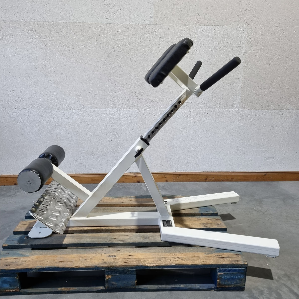 Competition Line, Rückenstreckerbank 45° grad, Hyperextension, höhenverstellbar, Rahmenfarbe Weiß, Polsterfarbe Shhwarz, gebraucht - überholter Zustand