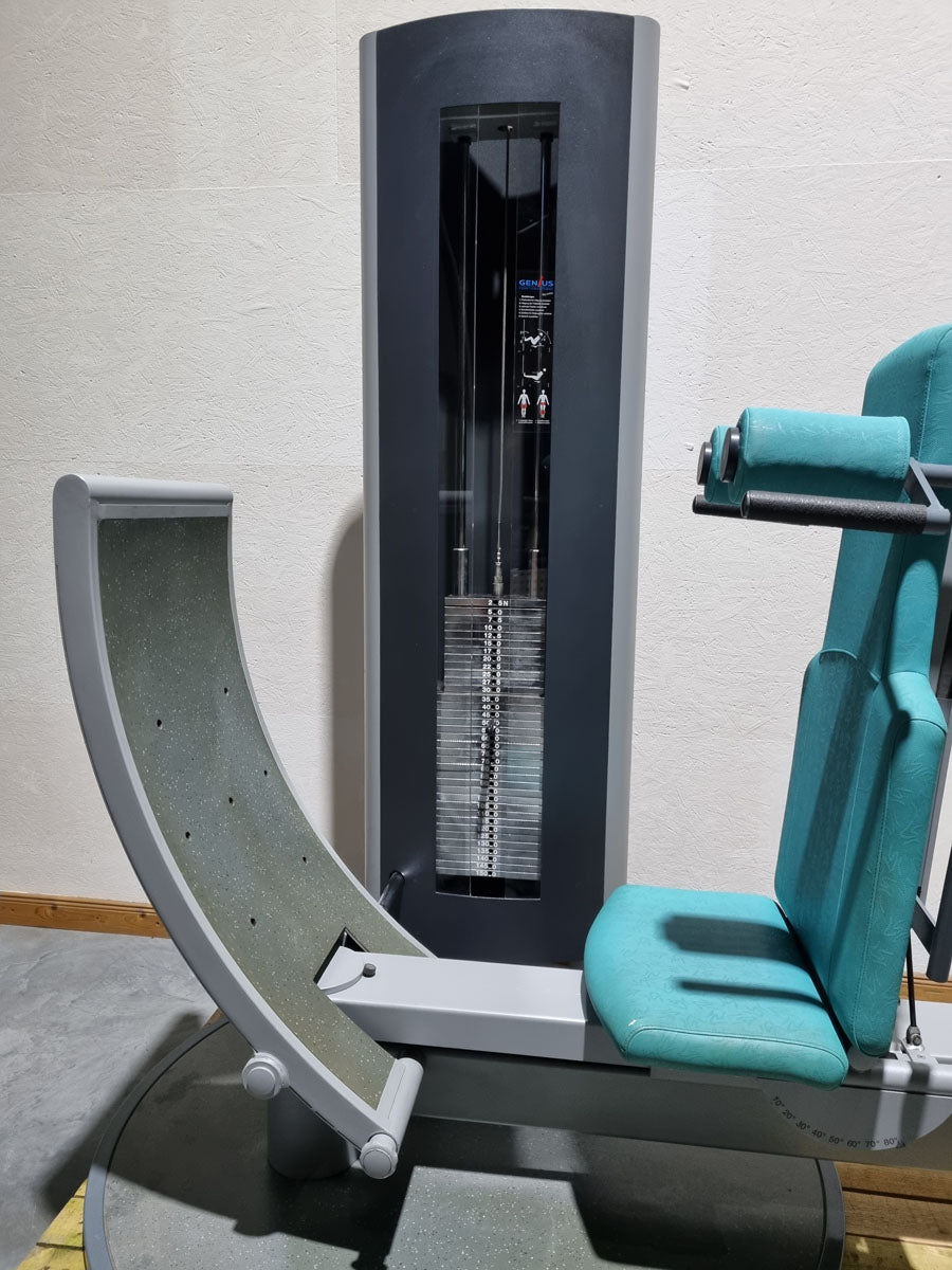 Frei Genius Funktionsstemme - verstellbare Beinpresse, Rahmenfarbe Silber, Polsterfarbe Türkis, gebraucht - überholter Zustand