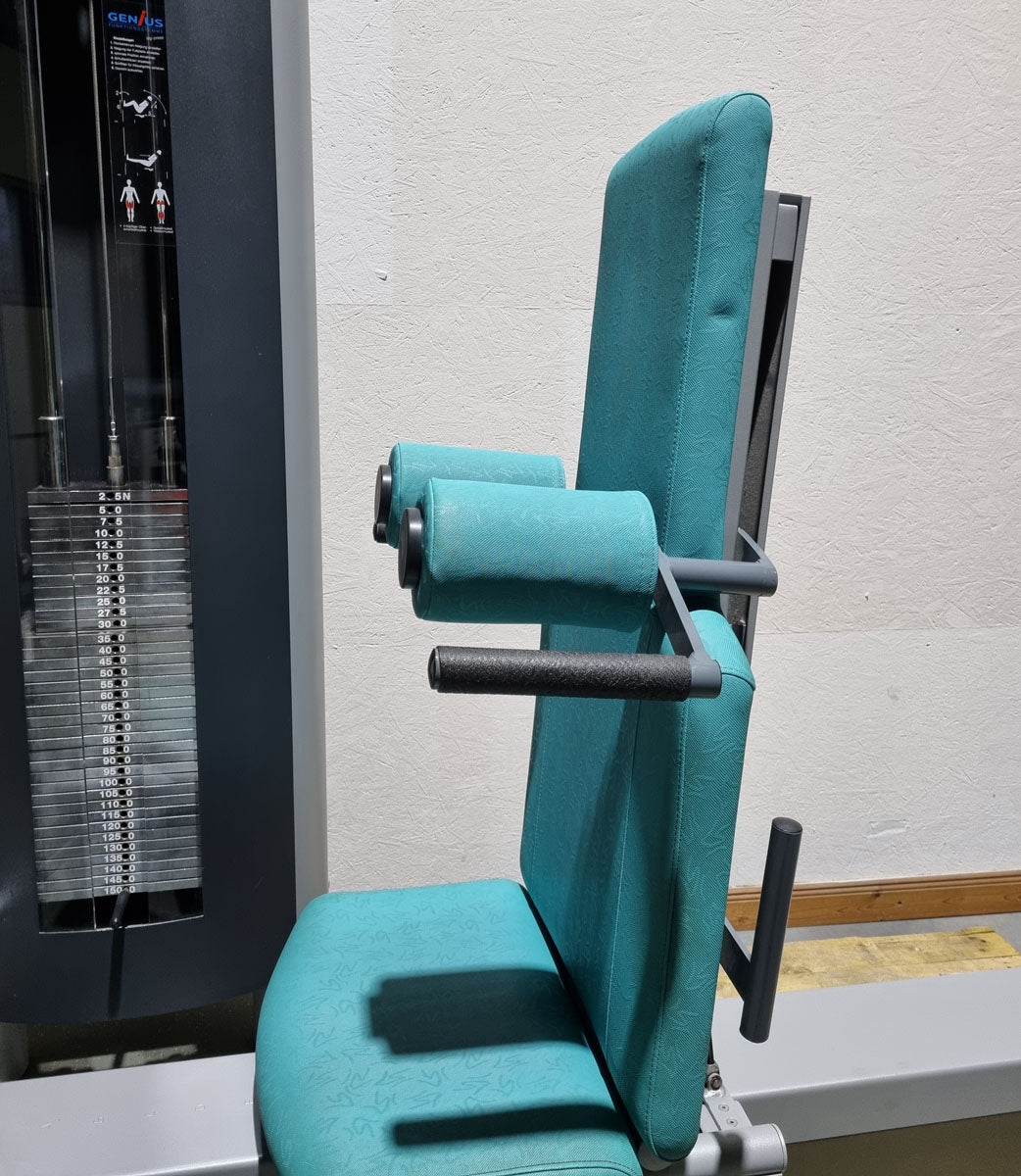 Frei Genius Funktionsstemme - verstellbare Beinpresse, Rahmenfarbe Silber, Polsterfarbe Türkis, gebraucht - überholter Zustand