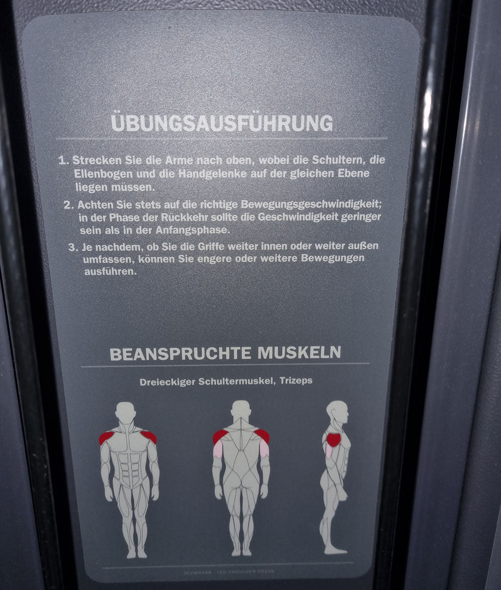 TechnoGym Schulterpresse, Shoulder Press, Selection Line - Rahmen Silber, Polster Braun, gebraucht - überholter Zustand