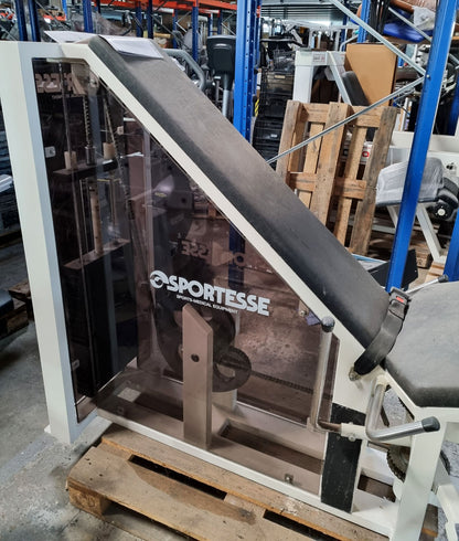 Sportesse Adduktorenmaschine, Oldschool, Rahmenfarbe Weiß mit brauner Plexiglasverkleidung, gebraucht mit Mängeln - Sonderpreis