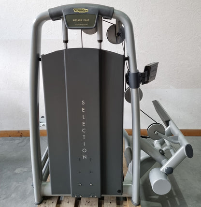 Technogym Wadenmaschine sitzend, Rotary Calf Press, Wadenpresse, Selection Line mit Isocontrol Display, Rahmenfarbe Silber, Polsterfarbe Braun, gebrauchter - überholter Zustand