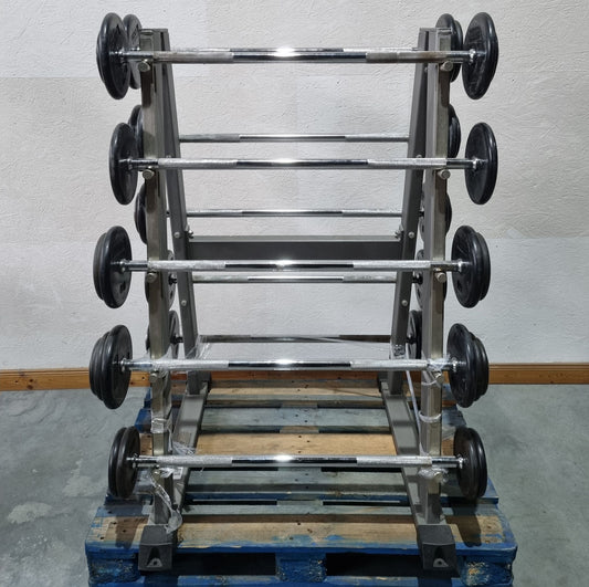 Langhantel Kompakt Set 12,5kg bis 35kg in 2,5kg Schritten, 10 Stück gesamt, ähnlich SZ Langhanteln, inkl. Ständer von Gymleco, Ständerfarbe Silber, gebraucht