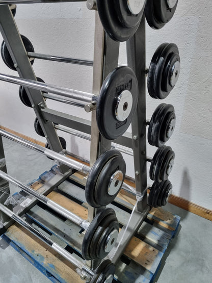 Barbell compact set 12.5 kg to 35 kg in 2.5 kg increments, 10 pieces in total, similar to SZ barbells, including stand from Gymleco, stand color silver, used