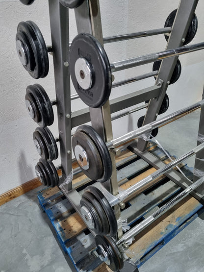 Barbell compact set 12.5 kg to 35 kg in 2.5 kg increments, 10 pieces in total, similar to SZ barbells, including stand from Gymleco, stand color silver, used