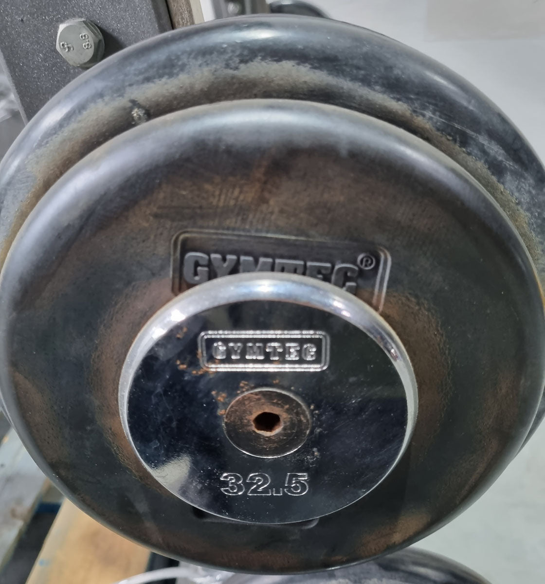 Barbell compact set 12.5 kg to 35 kg in 2.5 kg increments, 10 pieces in total, similar to SZ barbells, including stand from Gymleco, stand color silver, used