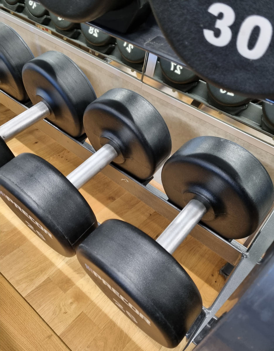 Precor Kurzhantel Satz aus PU Polyurethan Gummiert, 2 bis 30kg, verschiedene Stufen, erst 3 Jahre alt, Schwarz, gebraucht - guter Zustand