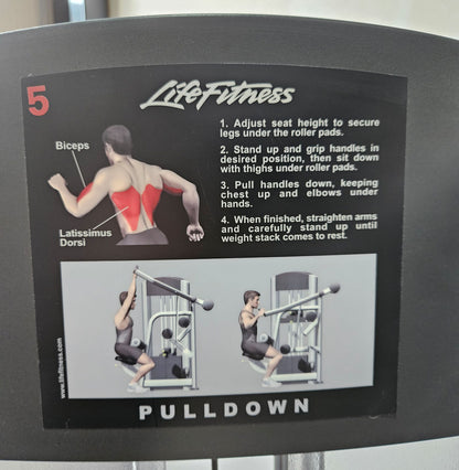 Life Fitness Latzug, Pulldown, 145kg Gewichtsblock, Signature Series, Rahmenfarbe Silber, Polsterfarbe Rot, gebraucht - überholter Zustand