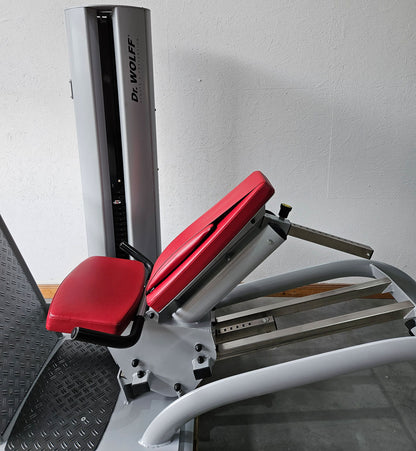 Dr. Wolff Beinpresse 806 Variante XS - extra platzsparend gebaut, ähnlich Funktionsstemme, Gerät aus Präventions-Park, Rahmenfarbe Silber, gebrauchter - überholter Zustand