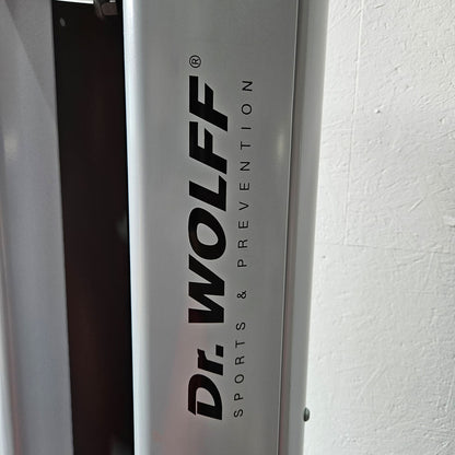 Dr. Wolff Beinpresse 806 Variante XS - extra platzsparend gebaut, ähnlich Funktionsstemme, Gerät aus Präventions-Park, Rahmenfarbe Silber, gebrauchter - überholter Zustand