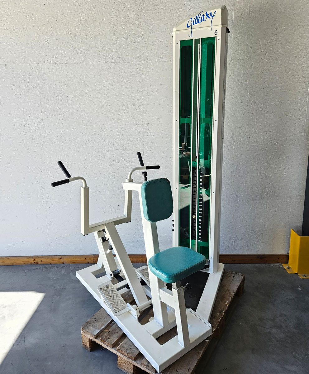 Multi-Form Galaxy, rowing with chest support, row, lat row, frame color white, used with signs of wear