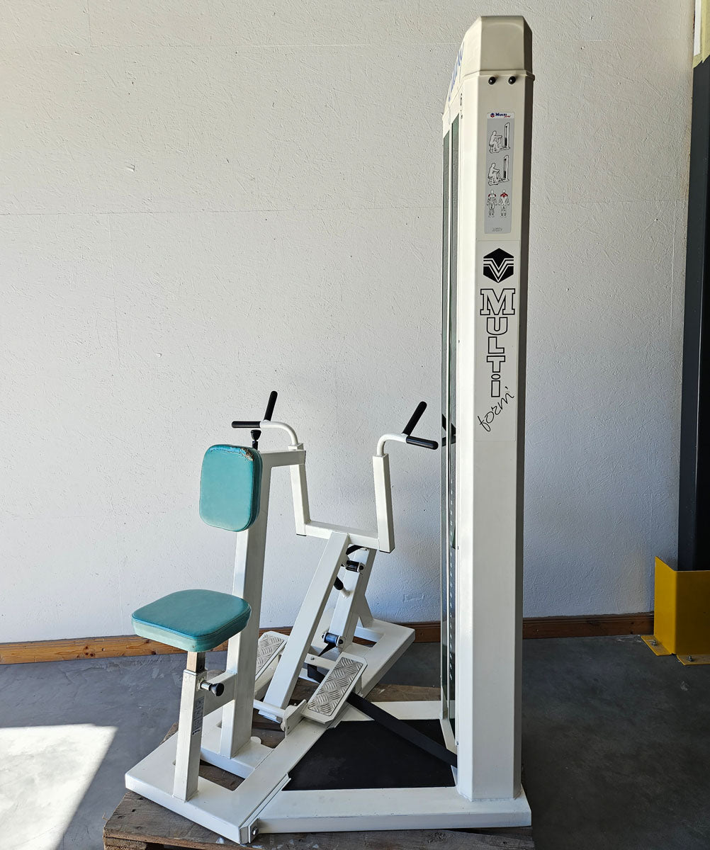 Multi-Form Galaxy, rowing with chest support, row, lat row, frame color white, used with signs of wear
