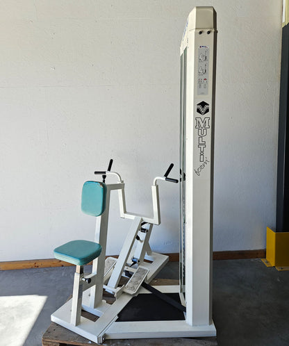 Multi-Form Galaxy, rowing with chest support, row, lat row, frame color white, used with signs of wear