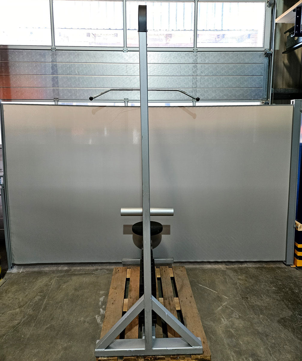 Lat pulldown from above with carabiner, 140kg weight block, lat pulldown, old school bodybuilding, similar to Gym80, Galaxay, frame color silver, used with signs of wear