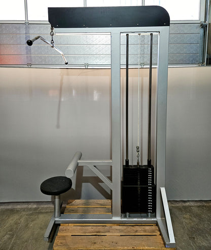 Lat pulldown from above with carabiner, 140kg weight block, lat pulldown, old school bodybuilding, similar to Gym80, Galaxay, frame color silver, used with signs of wear