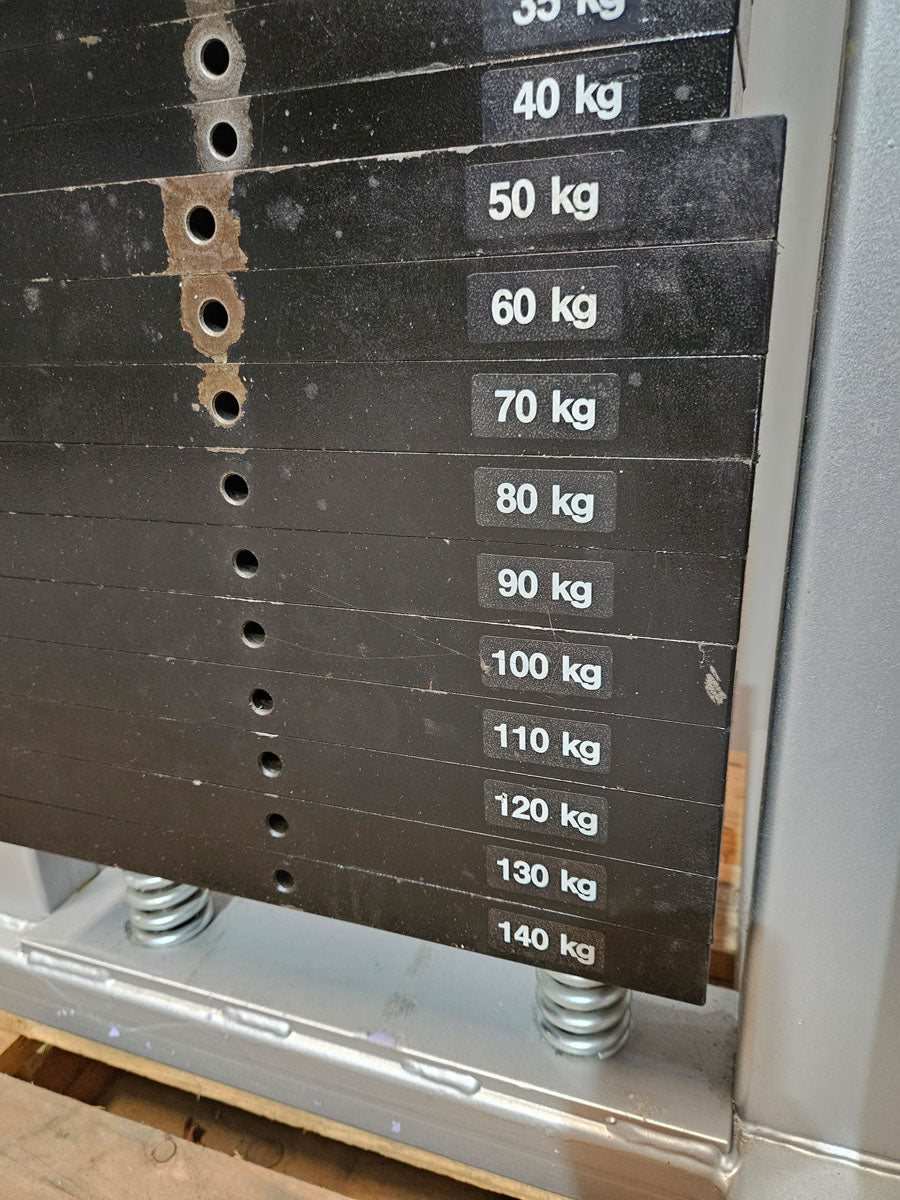 Lat pulldown from above with carabiner, 140kg weight block, lat pulldown, old school bodybuilding, similar to Gym80, Galaxay, frame color silver, used with signs of wear